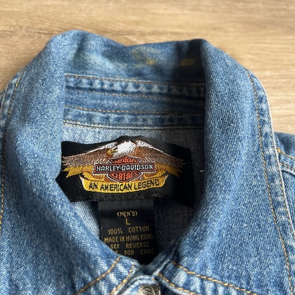 Vintage HARLEY Davidson Men's Genuine Denim Sleeveless Button Down Shirt SZ L - Picture 4 of 8